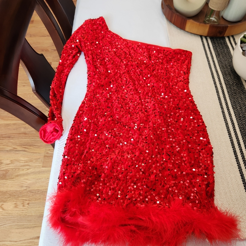 Red sequin dress with feathers